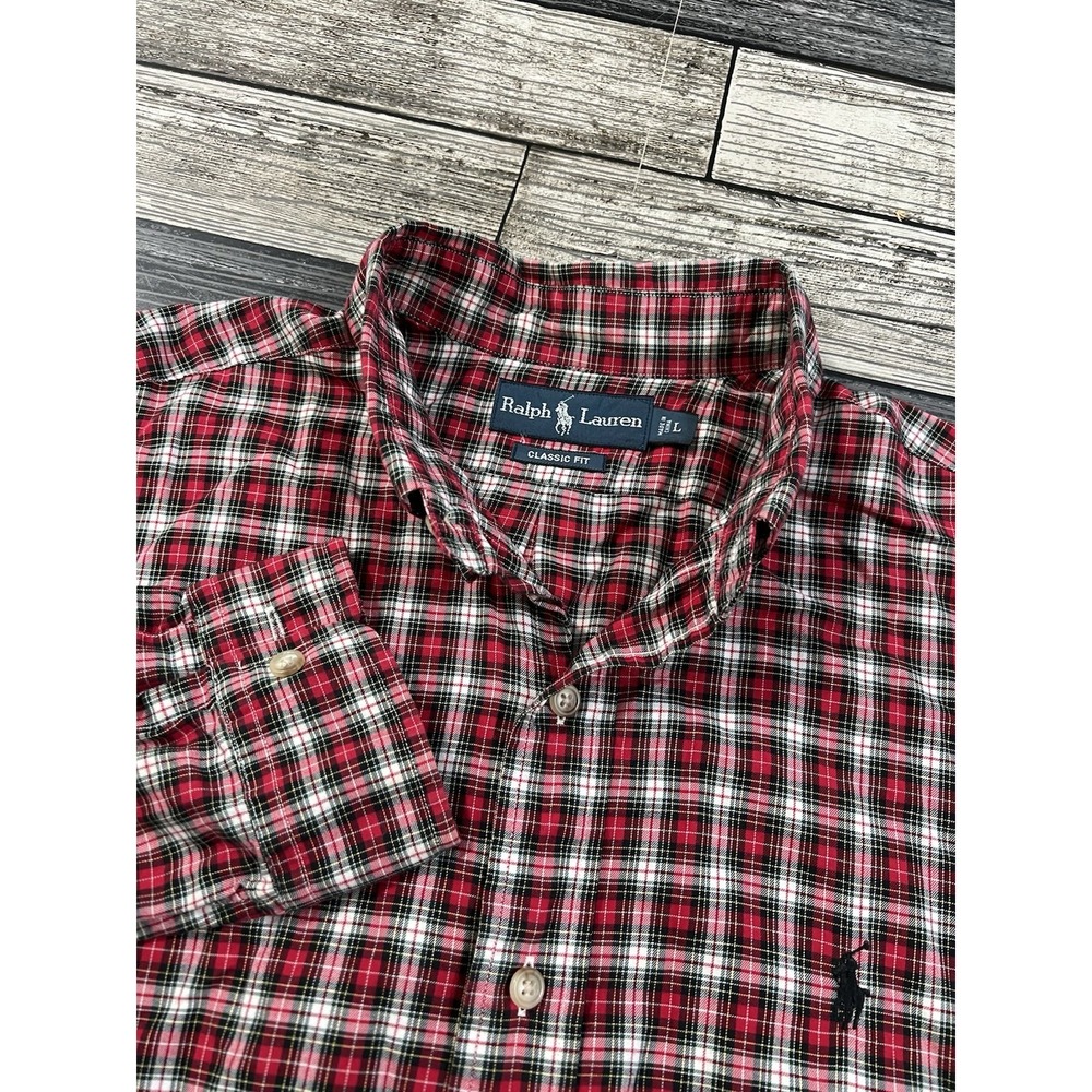 Ralph Lauren Shirt Mens L  Cotton Classic Fit Button Long Sleeve Check Christmas